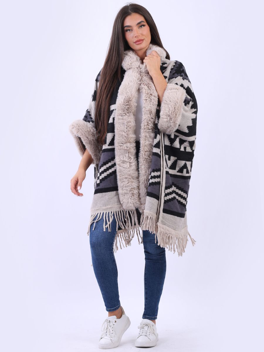 Faux Fur Hooded Oversized Knitted Poncho