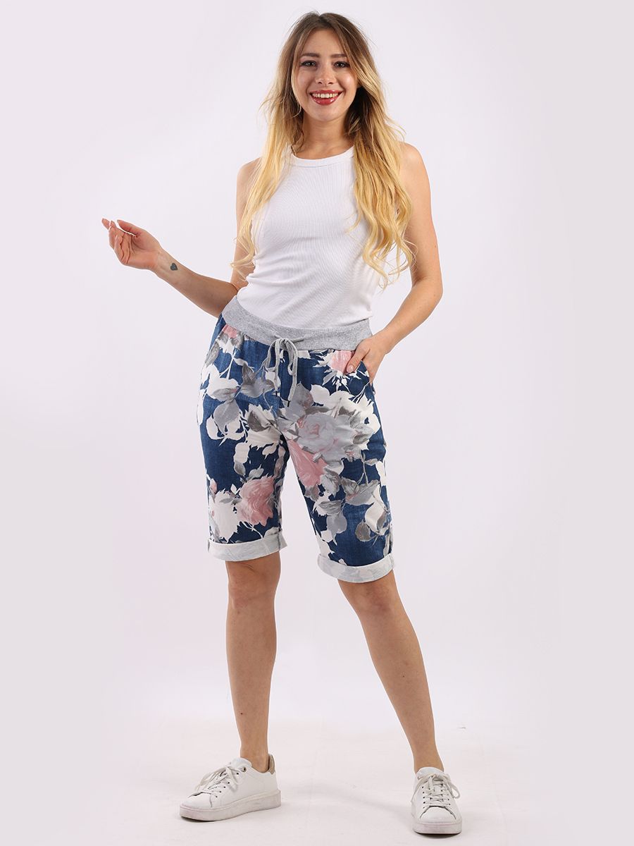 Floral Print Cotton Denim Shorts