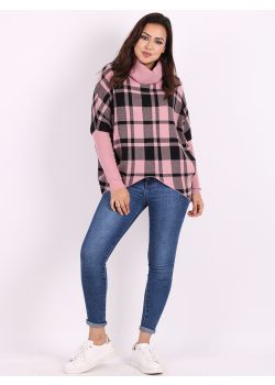 Check Print Cowl Neck Batwing Lagenlook Knitted Jumper