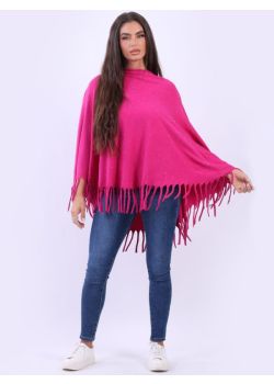 Chunky Fringed-Hem Glittery Women Knitted Poncho