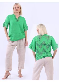 Italian Bell Arms Crochet Back Linen Lagenlook Top