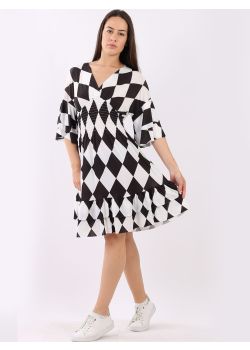 Italian Block Print Smocky Waist Lagenlook Boho Beach Dress