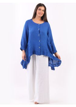 Italian Buttoned Down Frilled Hem Plain Linen Lagenlook Top