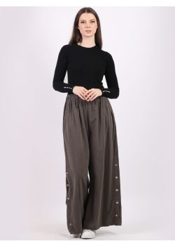 Italian Buttons Detail Plain Cotton Corduroy Wide Leg Trouser