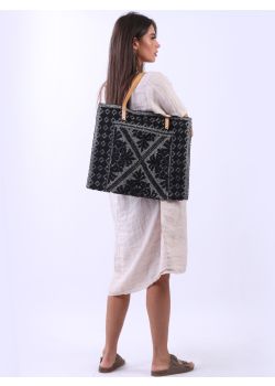 Italian Floral Pattern Canvas Tote Bag-Black