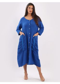 Italian Front Buttons Lagenlook Mid Length Slouchy Linen Dress