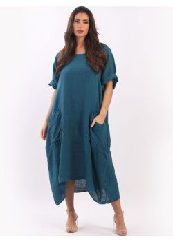 Plus Size Front Pockets Plain Linen Lagenlook Dress