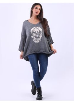 Plus Size Gothic Skull Embossed Lagenlook  Wool Knitted Jumper
