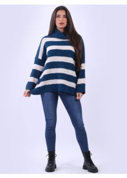 Italian Knitted Cowl Neck Lagenlook Stripy Woolen Top