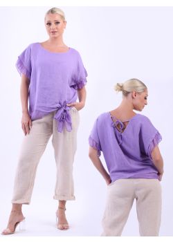 Italian Knotted Hem Lagenlook Solid Linen Crop Top