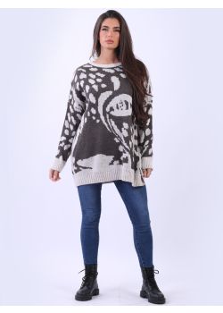 Plus Size Leopard Pattern Drop Shoulder  Wool Knitted Jumper