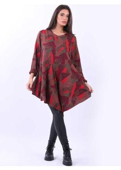 Italian Multicolor Geometric Print Raw Edge Tunic Lurex Top