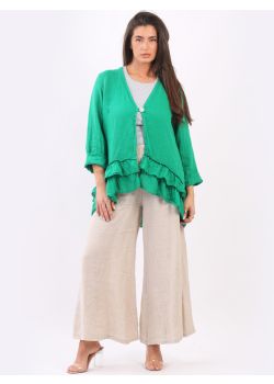Italian Open Front Plain Linen Lagenlook Ruffle Jacket