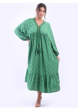 Plus Size Paisley Print V-Neck Lagenlook Boho Oversized Maxi Dress