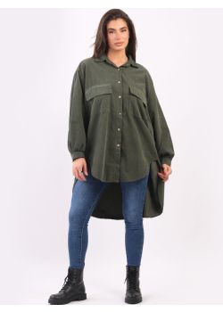 Italian Plain Corduroy Cotton Dipped Hem Baggy Shirt Dress