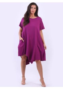 Italian Plain Cotton Asymmetric Hem Raw Edges Midi Lagenlook Dress
