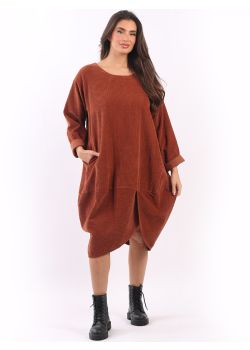 Italian Plain Cotton Corduroy Modish Cut Hem Lagenlook Cocoon Dress
