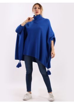 Italian Plain Cowl Neck Batwing Sleeves Tassels Tunic Poncho