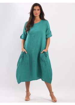 Plus Size Plain Front String Pockets Linen Lagenlook Oversized Slouchy Dress