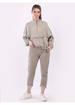 Italian Plain Front Zipper Cotton Lagenlook Cropped Pullover