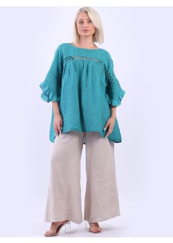Italian Plain Linen Eyelet Lace Detail Pleated Lagenlook Top