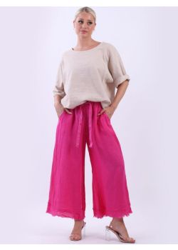 Italian Plain Linen Raw Edges Wide Leg Trouser