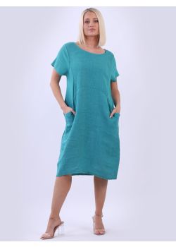 Plus Size Plain Linen Ribbed Sides Lagenlook Oversized Midi Dress