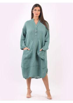 Plus Size Plain  Front Pockets Linen Slouchy Midi Dress