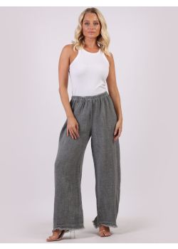 Italian Plain Vintage Washed Raw Edges Wide Leg Linen Trouser