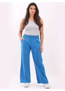 Italian Plain Wide Smocky Waist Band Wide Leg Linen Trouser