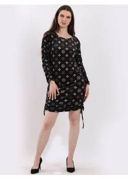 Italian Printed Side String Ruched Velour Bodycon Dress