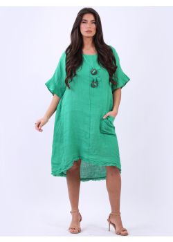 Italian Raw Edges Solid Linen Lagenlook Slouchy Midi Dress