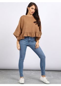 Italian Ruffle Hem Plain Linen Baggy Crop Tunic Oversized Top