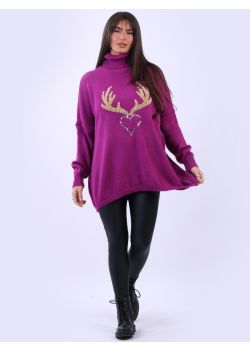 Italian Sequin Heart Reindeer Christmas Woolen Knit Baggy Jumper