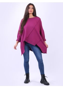 Italian Slit Asymmetric Hem Raw Edge Batwing Cotton Tunic Top