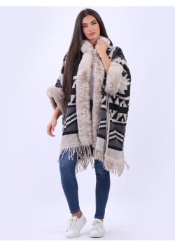 Italian Tribe Print Faux Fur Trim Hooded Oversized Knitted Poncho
