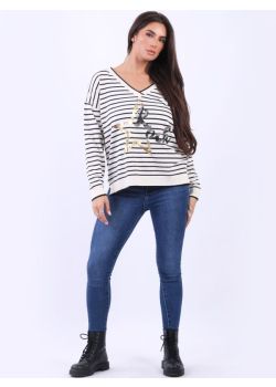 Italian V-Neck Foil Rock Star Lagenlook Stripy Crop Top