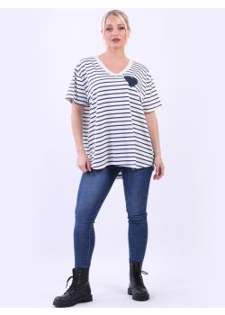 Italian V-Neck Stripy Print Baggy Cotton Heart Tee