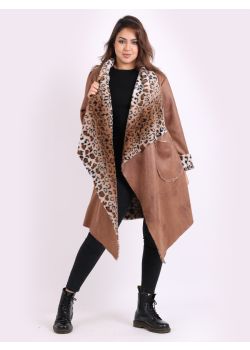 Italian Wet Look & Leopard Print Tunic Dual Cardigan