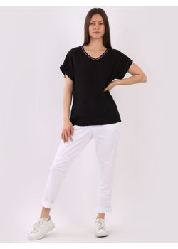 Made In Italy Backside Paint Splash V-Neck Lagenlook Linen Top