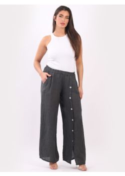 Made In Italy Buttons Detail Wide Leg Plain Linen Trouser