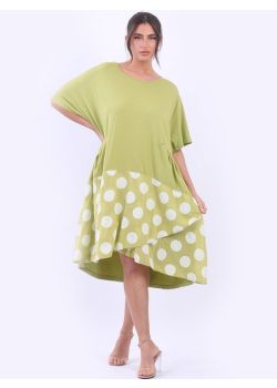 Made In Italy Contrast Polka Dot Lagenlook Midi Cotton Dress