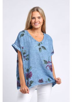 Made In Italy Floral Print Hi-Lo Linen Lagenlook Top