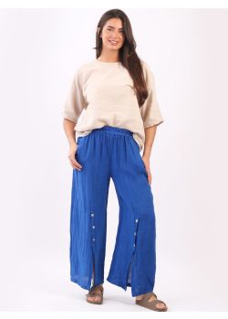 Made In Italy Front Slit Wide Leg Plain Linen Pant