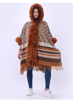 Made In Italy Hooded Faux Fur Tribe Print Oversized Ladies Knitted Poncho