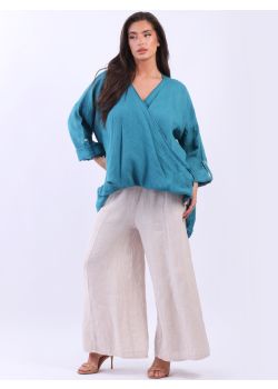 Made In Italy Ladies Plain Linen Lagenlook Crossover Top