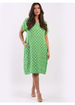 Made In Italy Linen Polka Dot Lagenlook Straight Cut Midi Dress