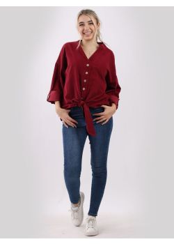 Made In Italy Plain Cotton Corduroy Knotted Hem Lagenlook Top