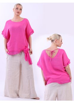 Made In Italy Plain Linen Lagenlook Knotted Hem Crop Top