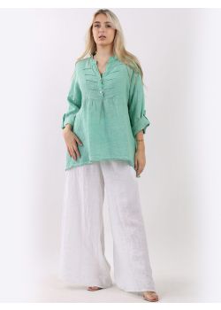 Made In Italy Plain Pleated Front Dip Hem Linen Tunic Top